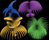 Рис. 6. Результаты применения диалога Matrix Extrude к объектам куб, капсула, цилиндр, конус. Использованы значения сегментов, заданные для указанных объектов по умолчанию