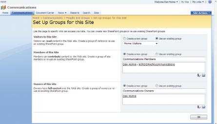 Экран 4 . Страница назначения групп для данного сайта