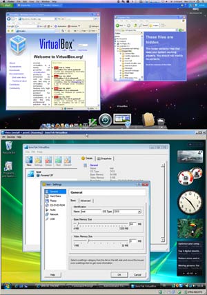 VirtualBox для Mac OS X в настоящее время в процессе бета-тестирования; на экране видны две виртуальные машины: одна с Windows Vista, другая с Gentoo Linux 