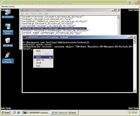 Рисунок 4. Предотвращение неправильного ввода: работа с NTDSUtil.exe через буфер обмена данными. 