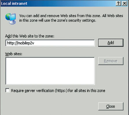 Экран 2. Добавление адреса мобильного сервера в зону локальной сети