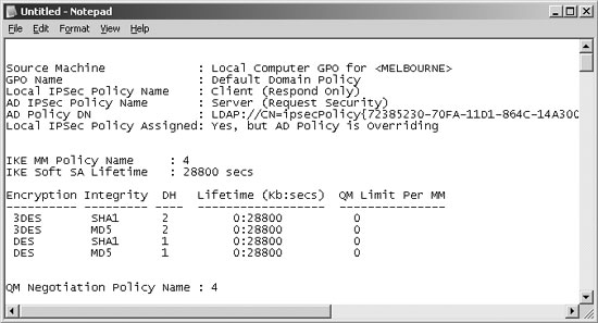 Экран 4: Просмотр активной политики IPsec в окне приложения Блокнот