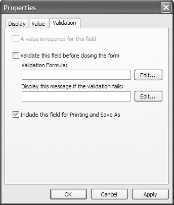 Экран 1. Вкладка Validation в окне Properties.
