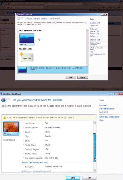 Рис. 1. Экран системы Microsoft CardSpace: a) в приложении CardSpace идентификационные карты пользователей раскрывают личную информацию без просмотра отправляемых данных; б) пользователи могут просмотреть и изменить идентификационные данные, пересылаемые через программу CardSpace на Web-сайт