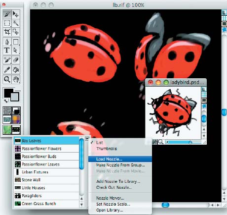 Шаг 6. В той же палитре Nozzle Selector выбираем Load Nozzle и открываем файл из предыдущего шага. Теперь вы можете добавить новый Nozzle в библиотеку. Вам надо выбрать команду Add Nozzle to Library в этой же палитре и придумать своим объектам подходящее название 