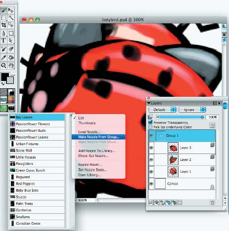 Шаг 5. Этот шаг — самый важный. Превращаем все изображения на слоях в объекты для новой библиотеки. Делается это практически «одной кнопкой». Для начала необходимо сгруппировать слои с объектами, а затем в палитре Nozzle Selector выбрать операцию Make Nozzle from Group. Затем надо просто записать сгенерировавшийся файл на жесткий диск. Все! Это то, до чего доходят считаные единицы пользователей Painter 