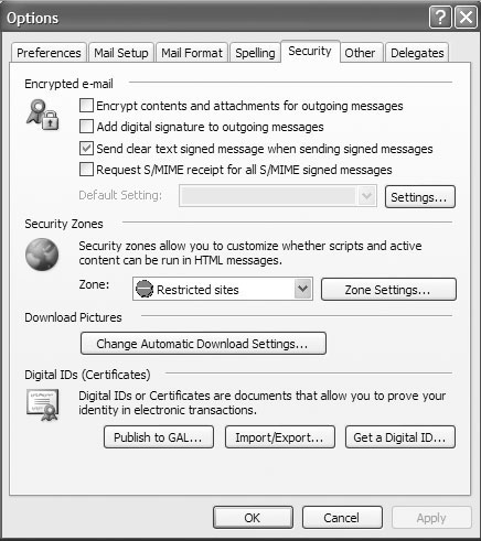 Рис. 2. Параметры безопасности Outlook 2003.