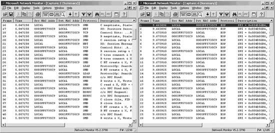 Экран 1: Сравнение двух процедур перехвата пакетов