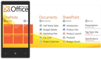 Офисный «хаб» Windows Phone 7 Series Office Hub обеспечивает быстрый доступ к приложениям Microsoft Office Mobile, Office SharePoint и Office OneNote, а также к электронной почте Microsoft Office Outlook