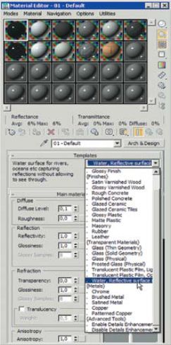 Материал, выбираемый для отображения водной глади, должен обладать рядом свойств, характерных для морской поверхности. Откройте Редактор материалов, выполнив команду Rendering • Material Editor • Compact Material Editor в Главном меню. В раскрывающемся списке Templates выберите заготовку для создания материала воды — Water, Reflective Surface… Захватите мышью выделенную ячейку в Редакторе материалов и перетащите ее на плоскость. 