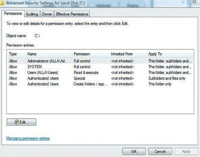 Списки ACL для корневого каталога Vista