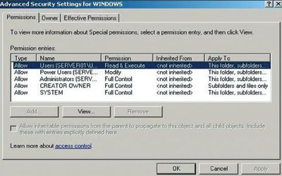 Разрешения для каталога Windows в Windows Server 2003 R2