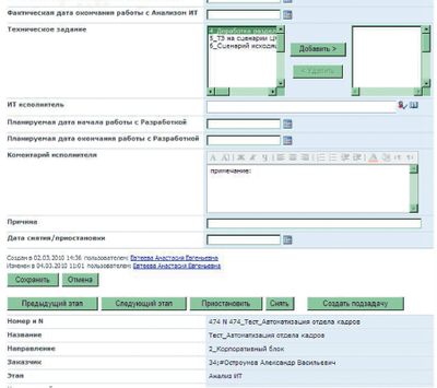 Экран 9. Создание подзадачи на этапе «Анализ ИТ» из задачи