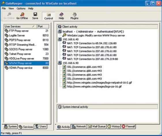 Окно активности программы WinGate
