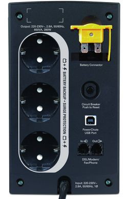 К модели APC Back-UPS 650 можно подключить до трех единиц компьютерной техники или домашней электроники с суммарным энергопотреблением до 390  Вт