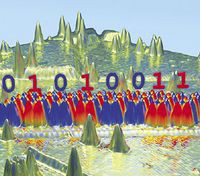 МИНИАТЮРНОЕ ХРАНИЛИЩЕ данных, созданное из антиферромагнетика на атомном уровне. Двоичное представление буквы S (01010011) — массив, объединяющий восемь атомов железа 