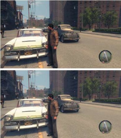 Сверху — исходный кадр из игры Mafia 2 с отключенным сглаживанием, снизу — он же, но после обработки алгоритмом MLAA. Заметить разницу между ними непросто, зато ступенчатые линии на кузовах автомобилей и одежде героя хорошо различимы на обоих скриншотах в полном разрешении (см. «Мир ПК-диск»), что режет глаз