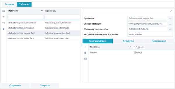 список таблиц с источника данных