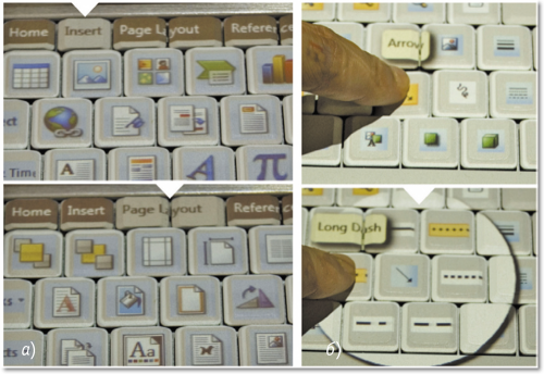 Рис. 2. Динамическая клавиатурная раскладка: а — клавиши верхнего ряда играют роль ярлыков, переключающих маркировку остальных; б — при выборе одной из клавиш быстрого доступа соседние клавиши начинают временно отображать соответствующее меню настроек