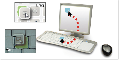 Рис. 3. Клавиатура служит продолжением графического пользовательского интерфейса, отображаемого на мониторе компьютера. Мышь работает на обоих дисплейных пространствах, и ею можно перетаскивать объекты с экрана на клавиатуру