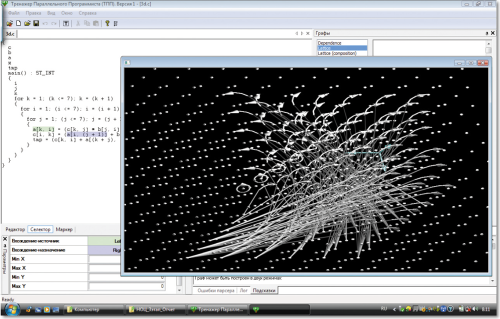 Трехмерная визуализация элементарного решетчатого графа истинной зависимости, используемая в трехмерном гнезде циклов в тренажере параллельного программиста, разработанном на основе распараллеливающей системы, в которой решетчатые графы применяются для построения точного графа информационных связей