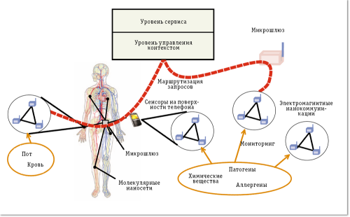 Рис. 4. Интернет наноустройств включает базовые наномасштабные сети, соединяющие множество наносенсоров, устройства, взаимодействующие с наносетями и обрабатывающие информацию в распределенном режиме, а также системы управления контекстом и сервисами 