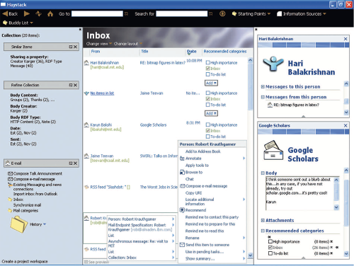 Рис. 1. Haystack. Управление наборами данных с различными схемами: сообщениями электронной почты, новостями и контактами, которые все представлены в едином списке. Информационные единицы каждого типа отображаются с использованием собственной «линзы» (шаблона). Слева фильтры и контекстные меню с допустимыми для каждого типа данных операциями