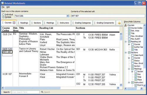 Рис. 2. Related Worksheets перечисляет курсы, списки литературы и потоки. При выборе названия курса в других столбцах отображается соответствующая информация