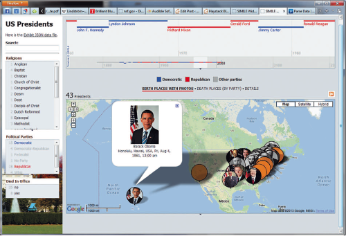 Рис. 3. Система Exhibit показывает информацию об американских президентах на географической карте и оси времени. Слева — поисковое поле и меню, позволяющие фильтровать результаты по религиозной и партийной принадлежности
