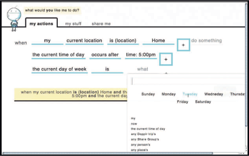 Рис. 4. Составление в системе Atomate правила «напомнить мне вынести мусор, когда я приду домой во вторник вечером». Пользователь добавляет по одному слову с помощью меню и функций автозаполнения, которые следят, чтобы запросы составлялись только из поддерживаемых слов