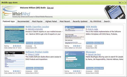 В СУПЕРМАРКЕТЕ МОБИЛЬНЫХ ПРИЛОЖЕНИЙ WhirlWind имеется около 400 приложений сторонней разработки, утвержденных для использования в IBM, а также 100 программ, созданных в самой корпорации для ее служащих 