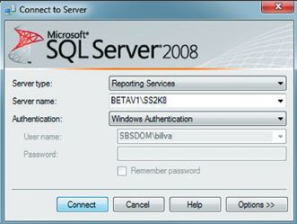 Экран 1. Открытие SSMS-соединения с экземпляром SSRS