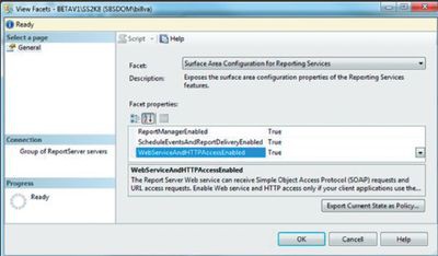 Экран 2. Указание свойств для Surface Area Configuration for Reporting Services