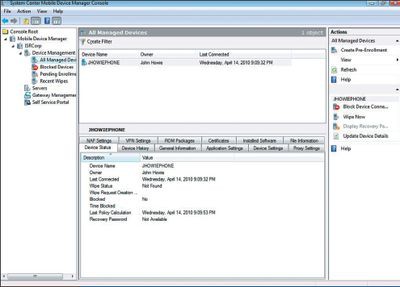 Экран 5. Зарегистрированное мобильное устройство, отображаемое в консоли MDM