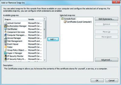 Экран 2. Добавление оснастки Certificates в консоль MMC