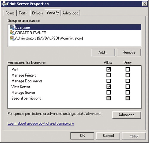 Настройка прав, по умолчанию применяемых к новым очередям печати