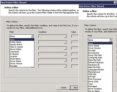 Параметры настройки фильтрации для принтера и для драйвера