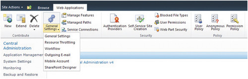 Настройки веб-приложений в Central Administration
