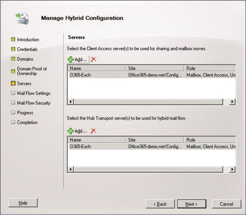 Выбор серверов, участвующих в гибридной конфигурации