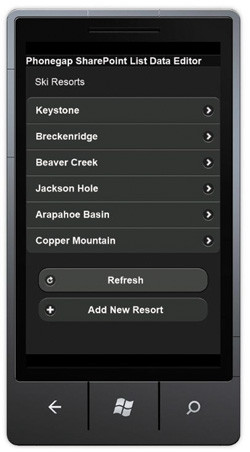 Главная страница в эмуляторе Windows Phone 7, отображающая данные из Ski Resorts