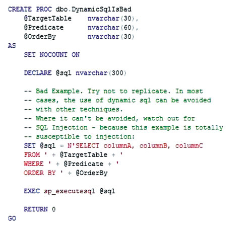 Хранимая процедура с динамическим SQL, что?открывает путь внедрению кода SQL
