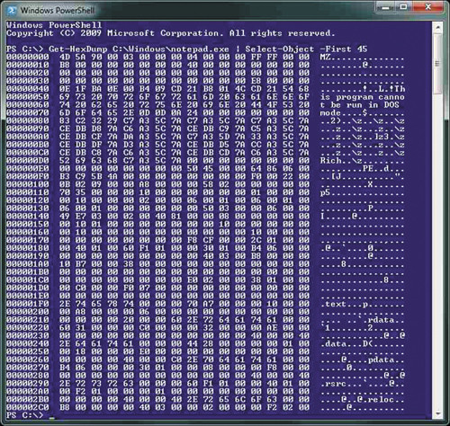 Первые 720 байт файла Notepad.exe, полученные с помощью Get-HexDump.ps1