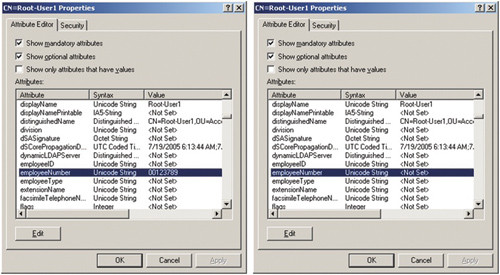 Содержимое атрибута до (слева) и после (справа) активации разряда конфиденциальности