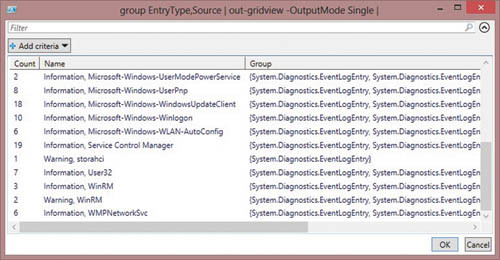 Группирование записей журнала системных событий по свойствам EntryType и Source