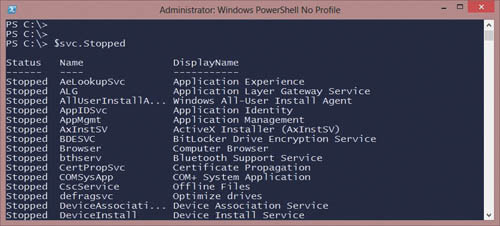 Использование хэш-таблицы $svc для просмотра всех остановленных служб