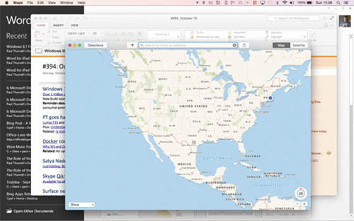 Word для Windows (на заднем плане) выполняется параллельно с двумя программами Mac, OneNote и Maps