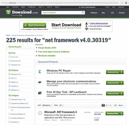 Ссылка для загрузки Microsoft .NET Framework 4 на сайте CNET
