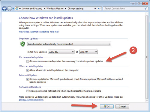 Отмена установки рекомендуемых обнов­лений вместе с важными в Windows 7