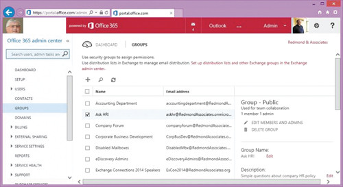 Различные типы групп, просматриваемые через Центр администрирования Office 365
