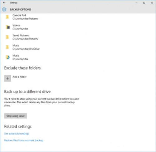 Выбор папок, исключаемых из процесса создания резервных копий